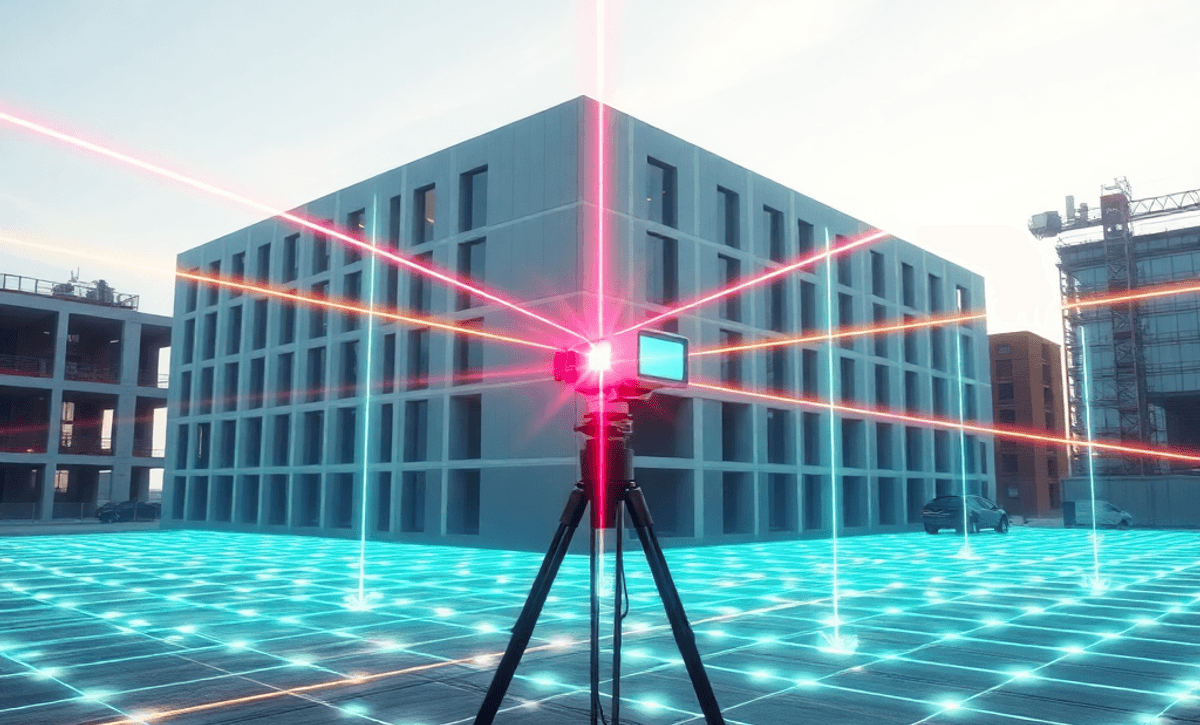 Futuristic construction site with a large building scanned by a tripod laser scanner emitting colorful beams and digital grids mapping the structur...