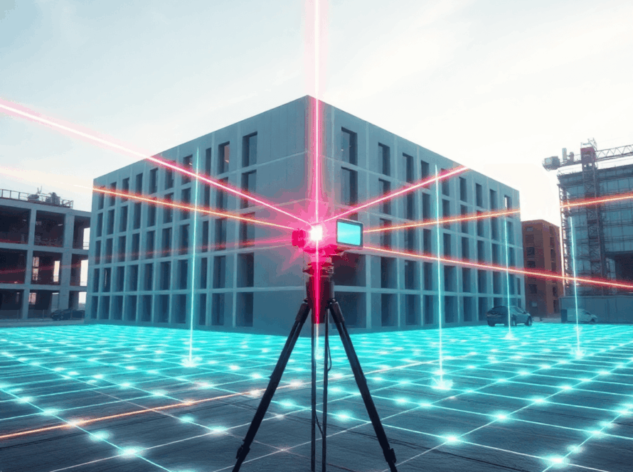 Futuristic construction site with a large building scanned by a tripod laser scanner emitting colorful beams and digital grids mapping the structur...